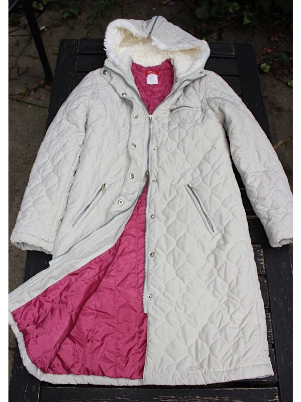 Esprit Vintage 1980s Zip Front Parka with Faux Fur Hood, Bone + Pink, Sml